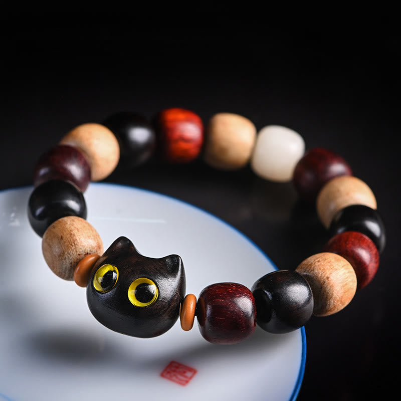 Buddha Stones Small Leaf Red Sandalwood Ebony Wood Cute Cat Engraved Protection Bracelet - Ebony Wood(Balance♥Calm) - image 1