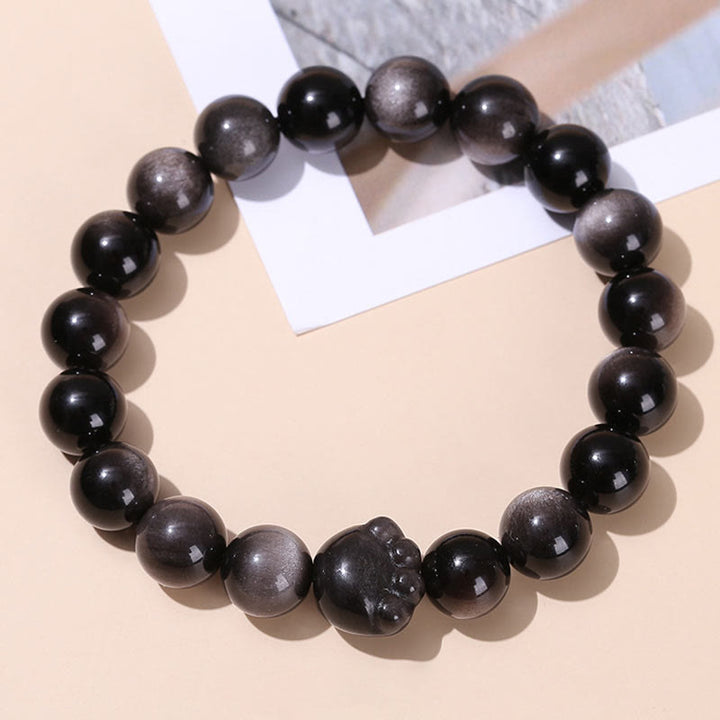 Buddha Stones Natural Gold Sheen Obsidian Silver Sheen Obsidian Cute Cat Paw Claw Wealth Bracelet - Silver Sheen Obsidian - 10mm - image 8
