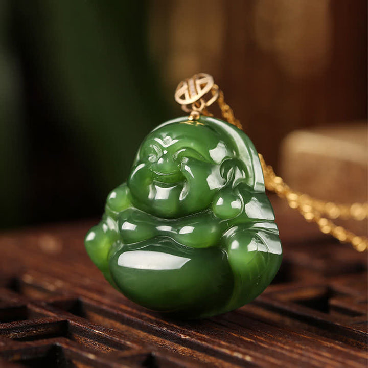 925 Sterling Silver Laughing Buddha Hetian Cyan Jade 18K Gold Success Necklace Chain Pendant - image 4