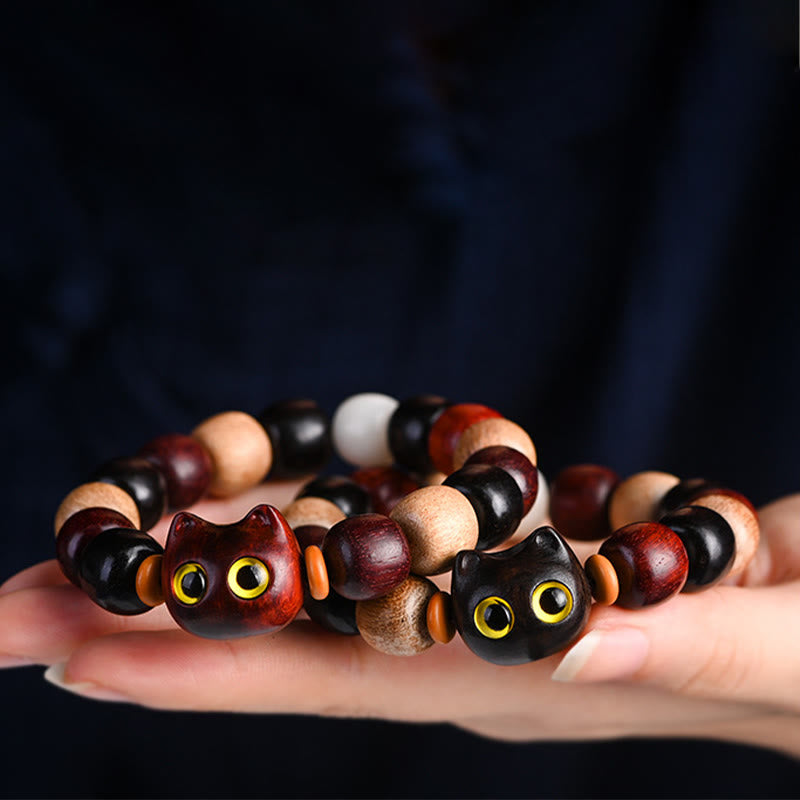 Buddha Stones Small Leaf Red Sandalwood Ebony Wood Cute Cat Engraved Protection Bracelet - image 21