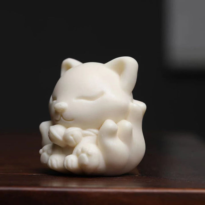 Buddha Stones Mini Nine Tailed Fox Ivory Fruit Sandalwood Green Sandalwood Blessing Decoration