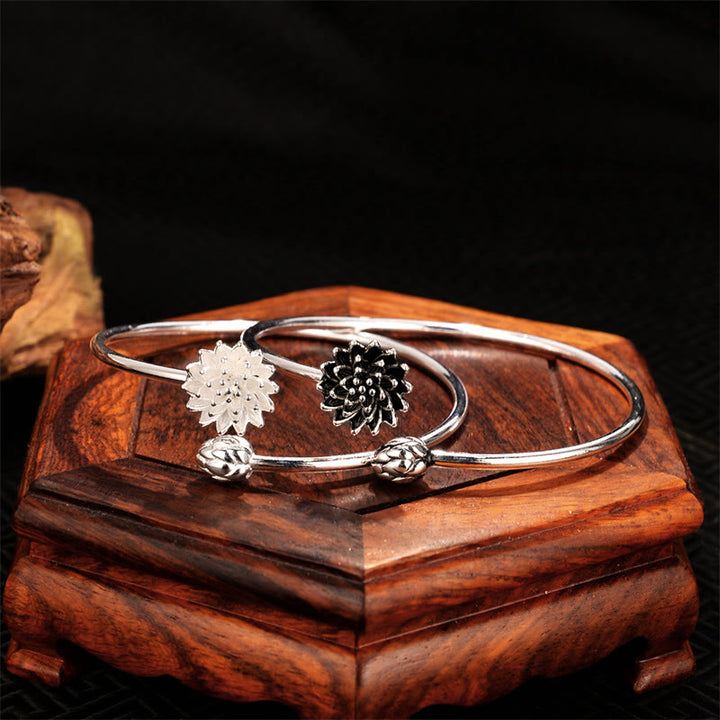 Buddha Stones Retro Lotus White Copper Enlightenment Bracelet Bangle - image 2