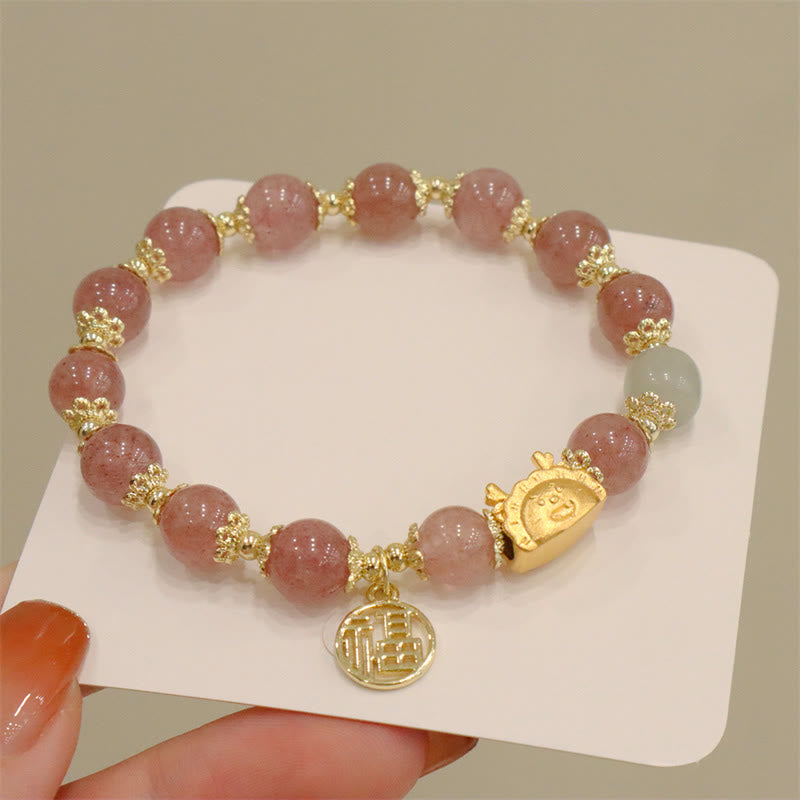 Buddha Stones Year Of The Dragon Red Agate Strawberry Quartz Black Obsidian Jade Garnet Pearl Cinnabar Dumpling Dragon Luck Fu Character Bracelet - Strawberry Quartz(Wrist Circumference 14-19cm) - image 11