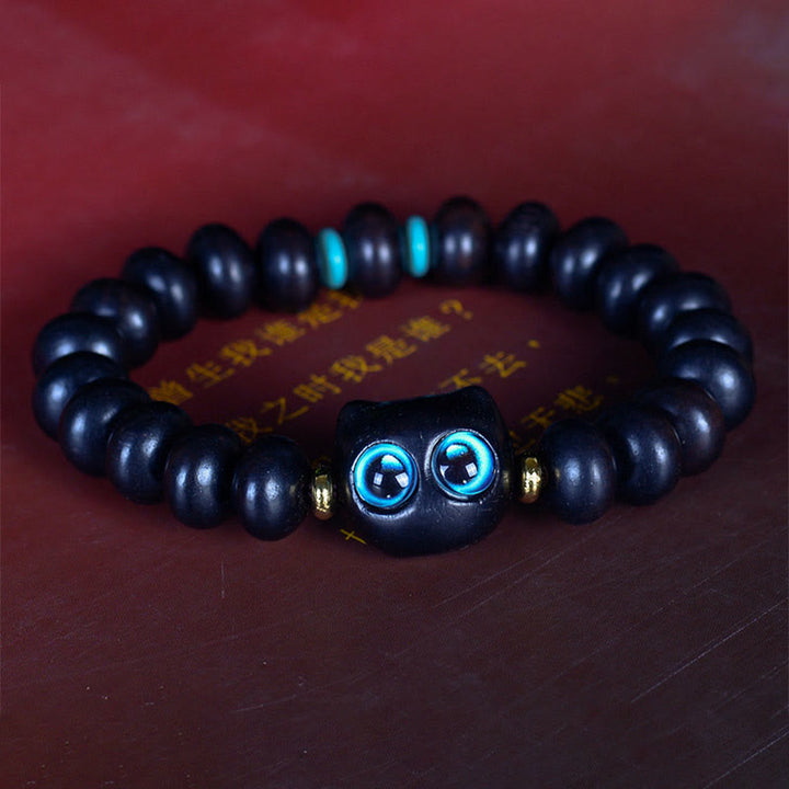 Buddha Stones Ebony Wood Liuli Glass Lovely Cat Peace Balance Bracelet - image 7