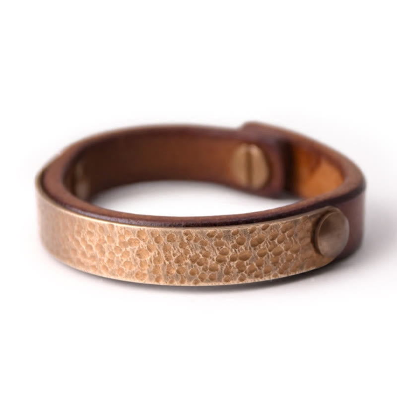 Buddha Stones Vintage Handmade Texture Copper Brass Leather Wealth Bracelet Bangle - image 2