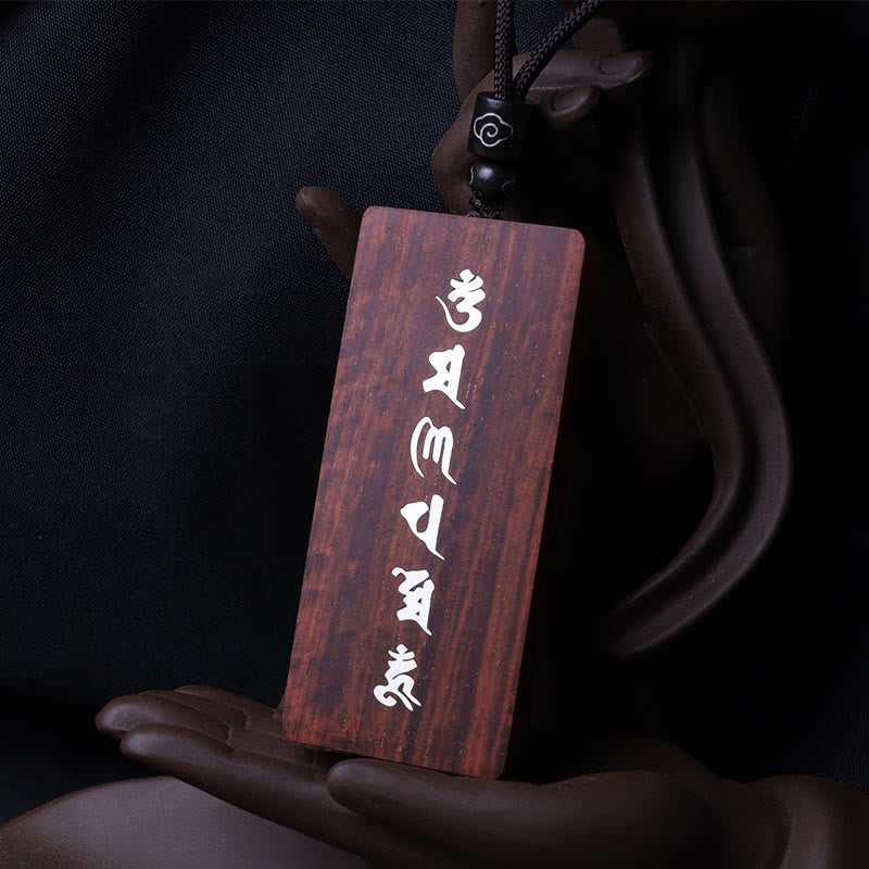 Buddha Stones 999 Sterling Silver Small Leaf Red Sandalwood Ebony Wood Om Mani Padme Hum Inlaid Protection Necklace Pendant - image 4