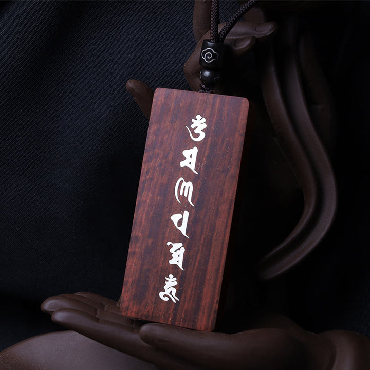 Buddha Stones 999 Sterling Silver Small Leaf Red Sandalwood Ebony Wood Om Mani Padme Hum Inlaid Protection Necklace Pendant - image 4