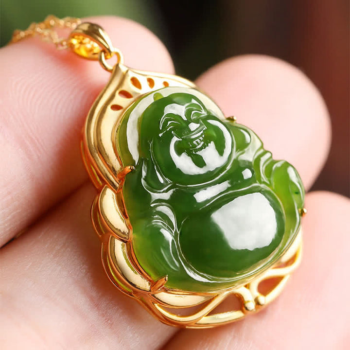 925 Sterling Silver Natural Hetian Cyan Jade Laughing Buddha 18K Gold Healing Necklace Chain Pendant - image 3