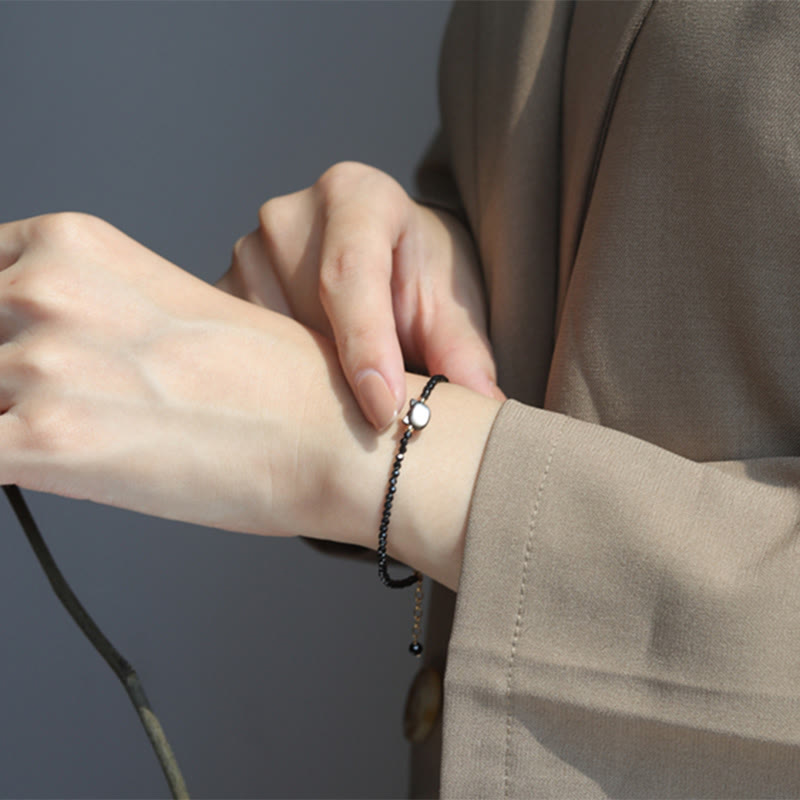 Buddha Stones 14K Gold Plated Black Spinel White Crystal Cute Cat Tridacna Stone Healing Bracelet - image 8