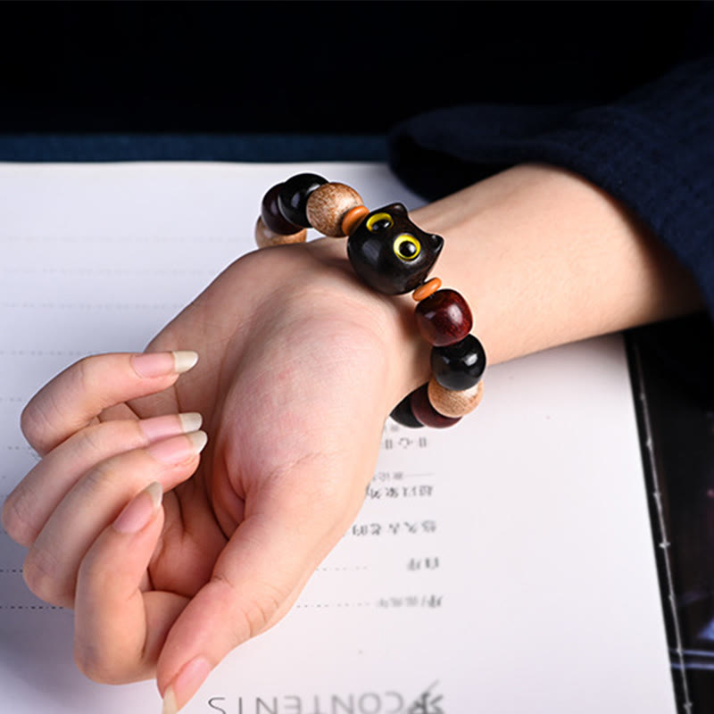 Buddha Stones Small Leaf Red Sandalwood Ebony Wood Cute Cat Engraved Protection Bracelet - image 7