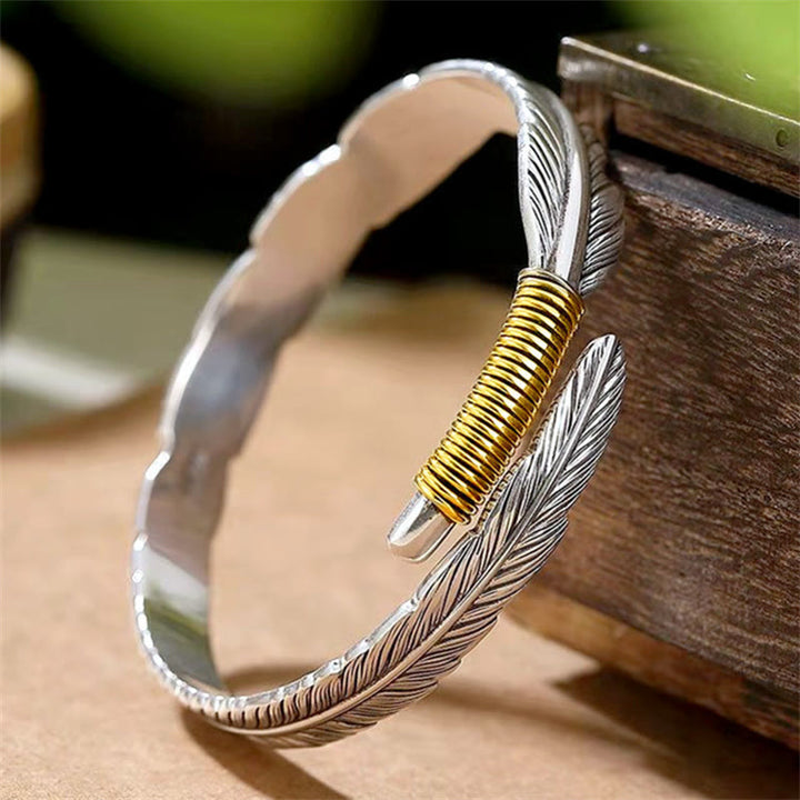 Buddha Stones Feather Pattern Engraved Luck Cuff Bracelet Bangle - Feather - image 1