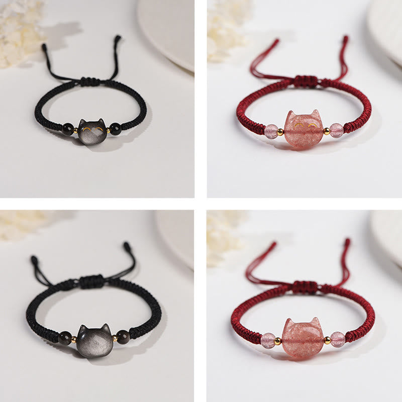 Buddha Stones Handmade Natural Silver Sheen Obsidian Strawberry Quartz Cute Cat Protection Braided Bracelet - image 14