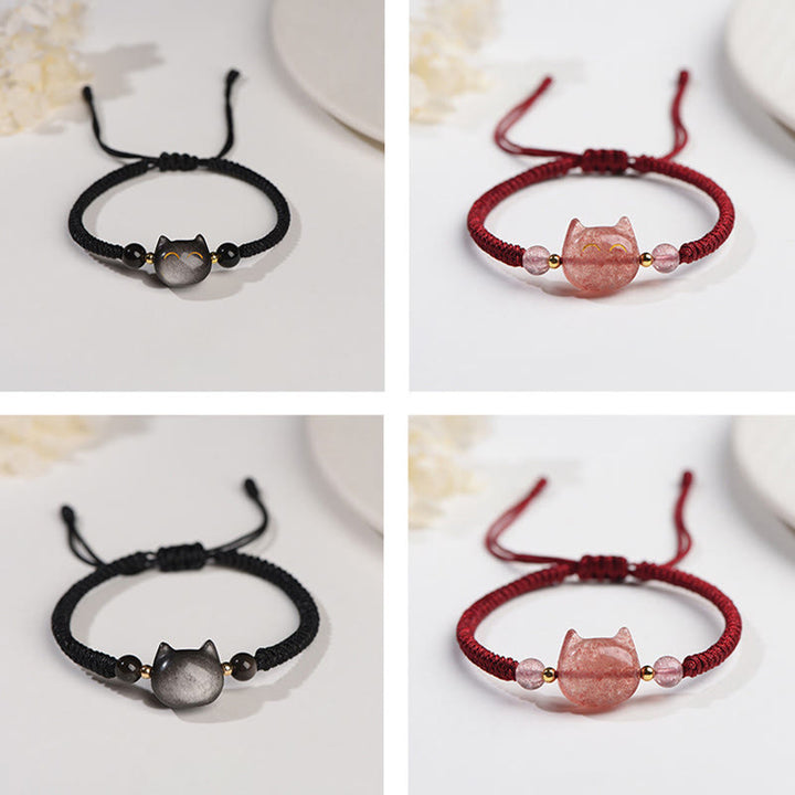 Buddha Stones Handmade Natural Silver Sheen Obsidian Strawberry Quartz Cute Cat Protection Braided Bracelet - image 14