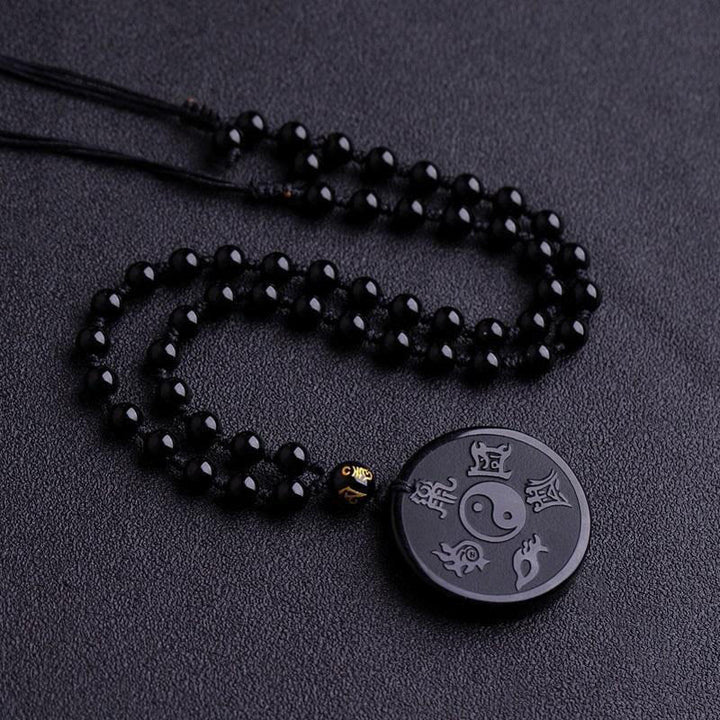 Buddha Stones Natural Black Obsidian Taoism Five Sacred Mountains Nine-Character Mantra Carved Strength Yin Yang Necklace Pendant Key Chain - Black Obsidian&Bead Chain - image 5