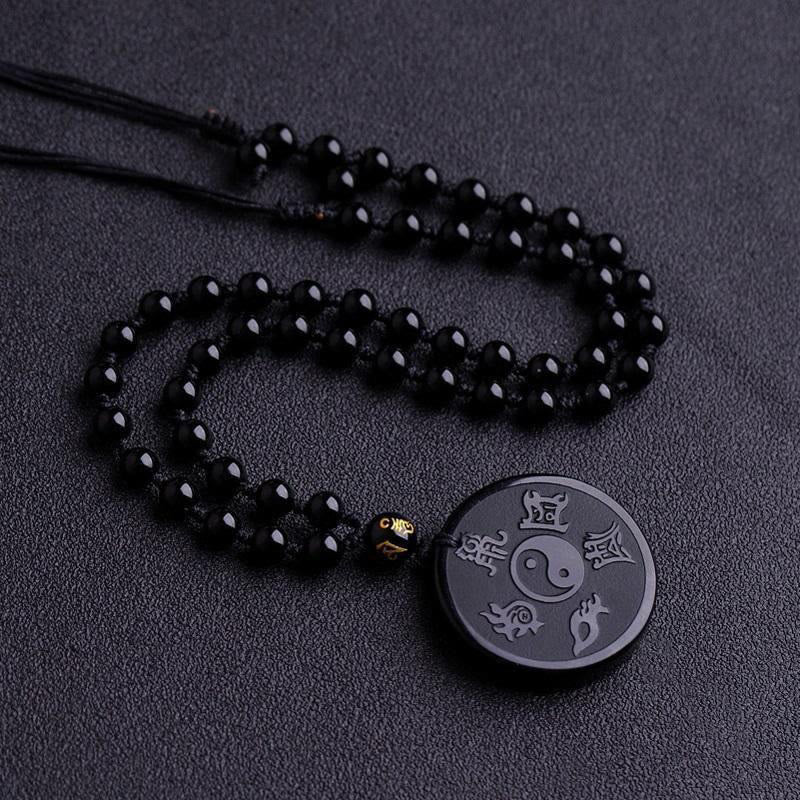 Buddha Stones Natural Black Obsidian Taoism Five Sacred Mountains Nine-Character Mantra Carved Strength Yin Yang Necklace Pendant Key Chain - Black Obsidian&Bead Chain - image 5