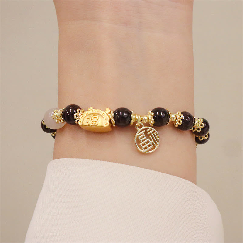 Buddha Stones Year Of The Dragon Red Agate Strawberry Quartz Black Obsidian Jade Garnet Pearl Cinnabar Dumpling Dragon Luck Fu Character Bracelet - image 16