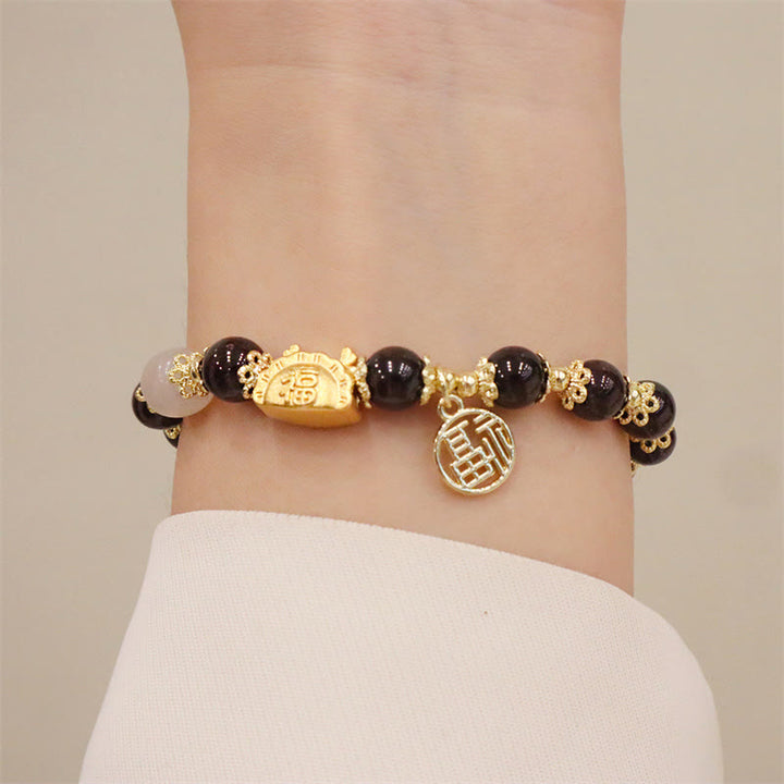 Buddha Stones Year Of The Dragon Red Agate Strawberry Quartz Black Obsidian Jade Garnet Pearl Cinnabar Dumpling Dragon Luck Fu Character Bracelet - image 16