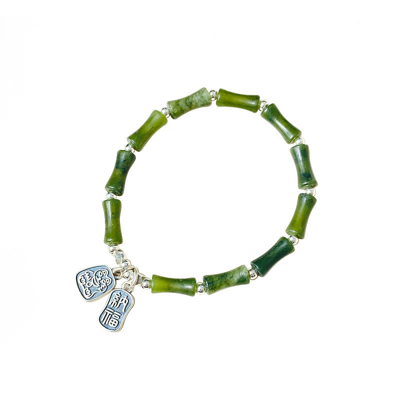 Buddha Stones 925 Sterling Silver Bamboo Jade Lucky Cat Fu Character Luck Abundance Bracelet - image 18