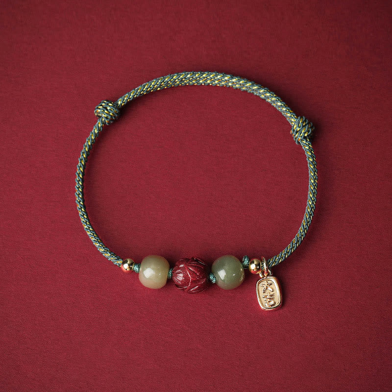 Buddha Stones 14K Gold Plated Hetian Jade Cinnabar Lotus Luck Handcrafted Rope Bracelet - Cyan Rope(Wrist Circumference 13-18cm) - image 11