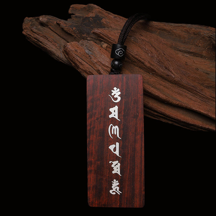 Buddha Stones 999 Sterling Silver Small Leaf Red Sandalwood Ebony Wood Om Mani Padme Hum Inlaid Protection Necklace Pendant - image 3
