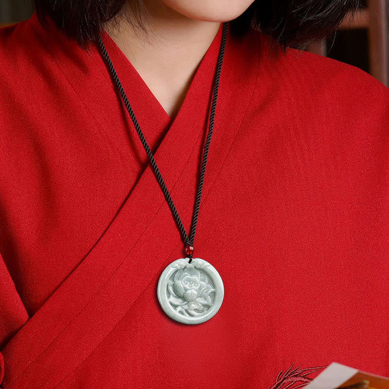 Buddha Stones Natural Jade Lotus Flower Carved Prosperity Necklace Pendant - image 8