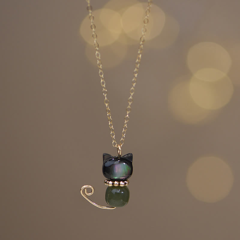 Buddha Stones 14K Gold Plated Pearl Hetian Jade Shell Luck Cat Kitten Necklace Pendant - Normal 14K Gold Plated - Shell&Cyan Jade - image 8