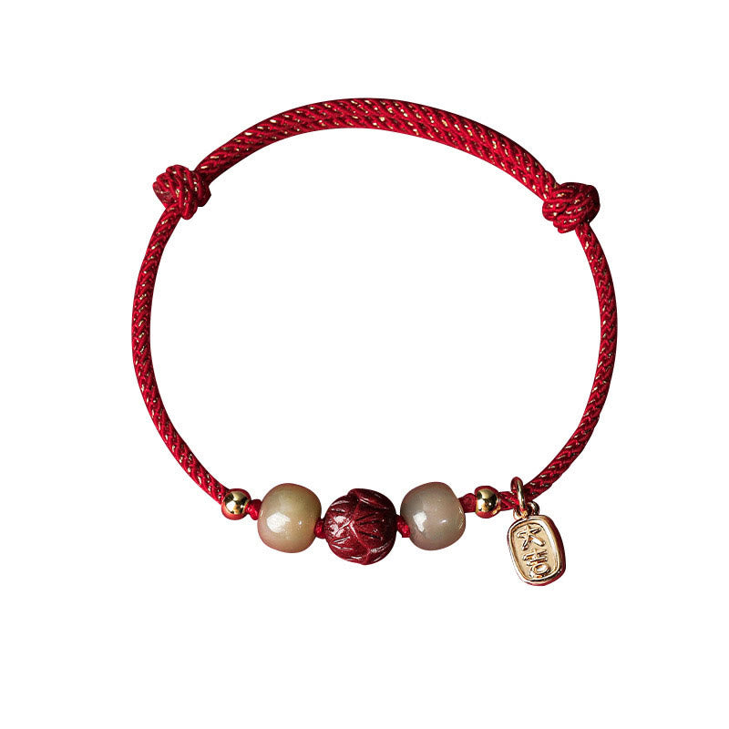 Buddha Stones 14K Gold Plated Hetian Jade Cinnabar Lotus Luck Handcrafted Rope Bracelet - image 5