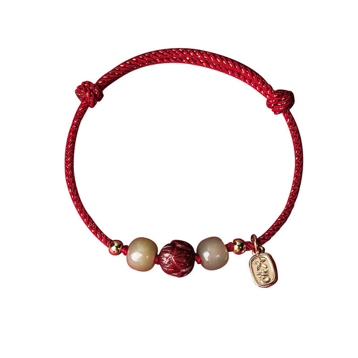 Buddha Stones 14K Gold Plated Hetian Jade Cinnabar Lotus Luck Handcrafted Rope Bracelet - image 5