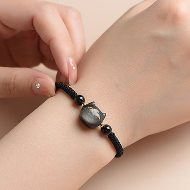 Buddha Stones Handmade Natural Silver Sheen Obsidian Strawberry Quartz Cute Cat Protection Braided Bracelet - image 4