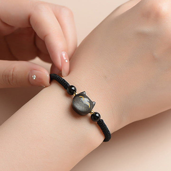 Buddha Stones Handmade Natural Silver Sheen Obsidian Strawberry Quartz Cute Cat Protection Braided Bracelet - image 4