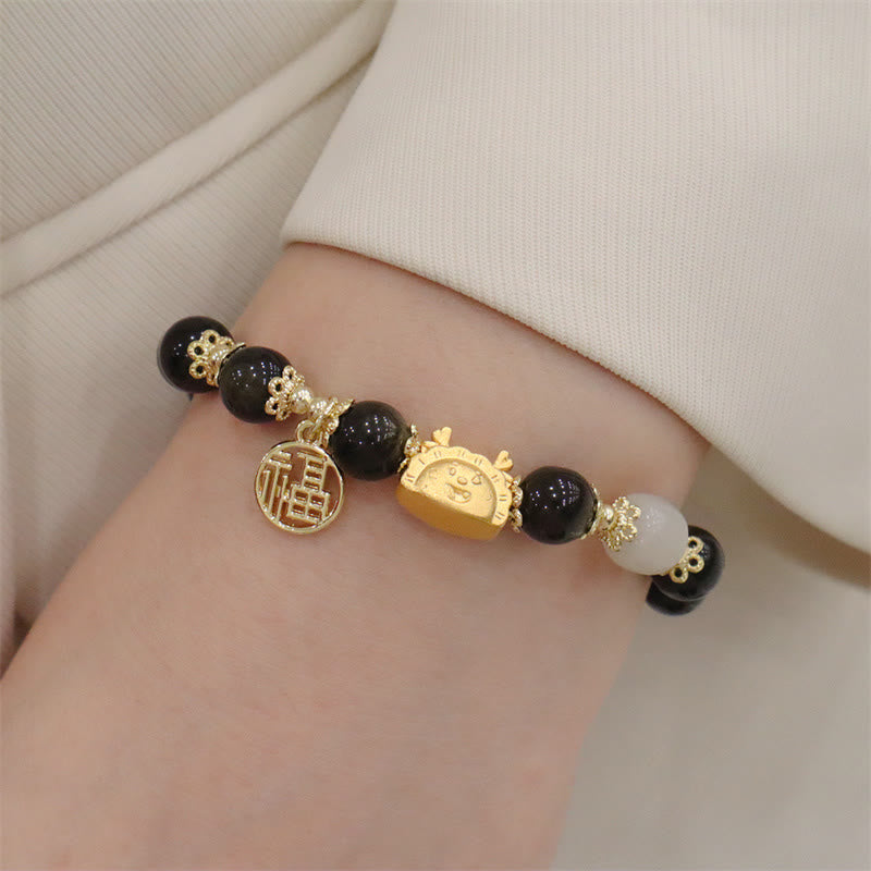 Buddha Stones Year Of The Dragon Red Agate Strawberry Quartz Black Obsidian Jade Garnet Pearl Cinnabar Dumpling Dragon Luck Fu Character Bracelet - Black Obsidian(Wrist Circumference 14-19cm) - image 14