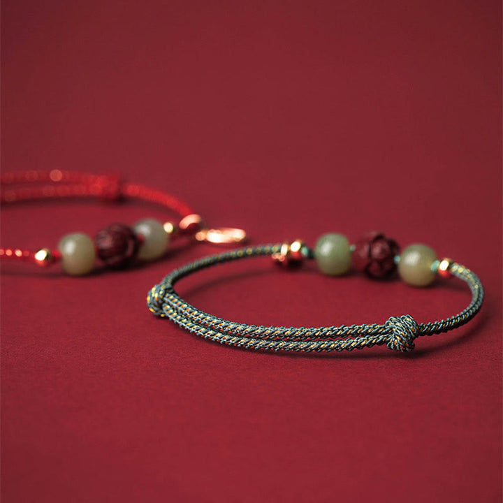 Buddha Stones 14K Gold Plated Hetian Jade Cinnabar Lotus Luck Handcrafted Rope Bracelet - image 12