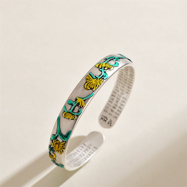 Buddha Stones Plum Blossom Chrysanthemum Flower Design Heart Sutra Healing Bracelet Cuff Bangle - Chrysanthemum - image 4