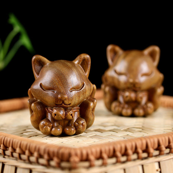 Buddha Stones Mini Nine Tailed Fox Ivory Fruit Sandalwood Green Sandalwood Blessing Decoration