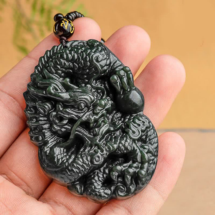 Buddha Stones Hetian Cyan Jade Dragon Success Harmony Necklace Beaded String Pendant - image 4