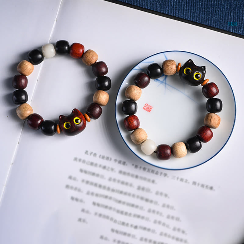 Buddha Stones Small Leaf Red Sandalwood Ebony Wood Cute Cat Engraved Protection Bracelet - image 22