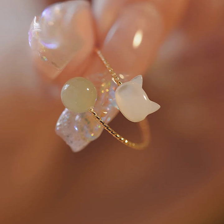 Buddha Stones Tridacna Stone Cat Head Jade Bead Blessing Ring - image 2