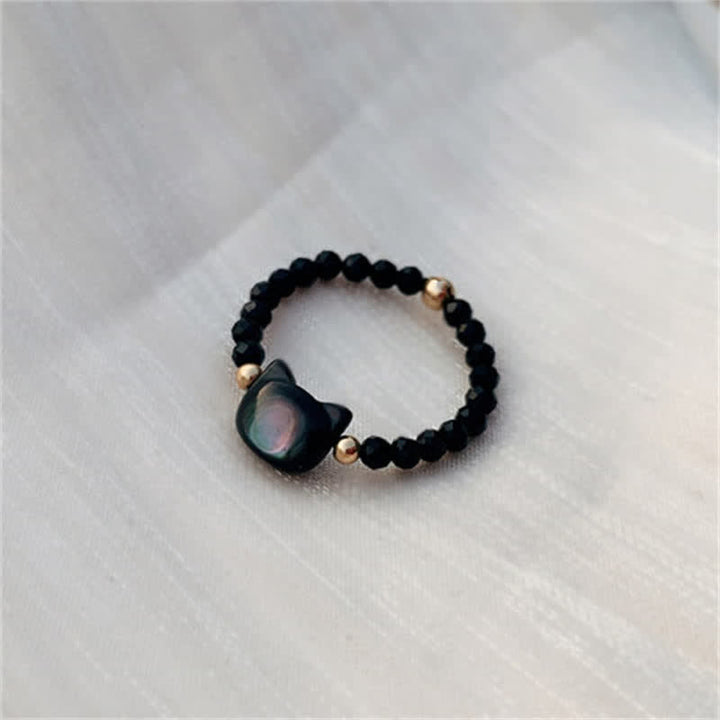 Buddha Stones Natural Tridacna Stone Lovely Cat 14K Gold Blessing Ring - image 5