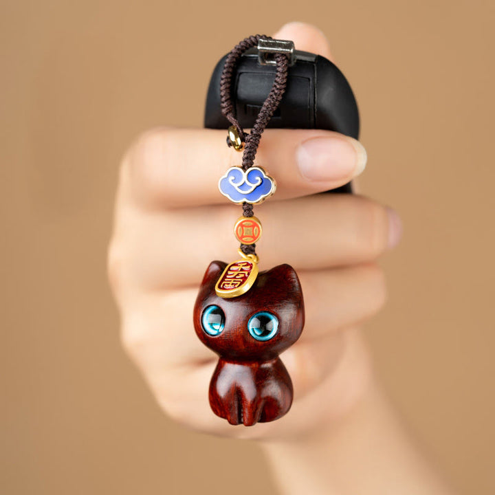 Buddha Stones Small Leaf Red Sandalwood Ebony Wood Lucky Cat Protection Key Chain Phone Hanging Decoration - image 3
