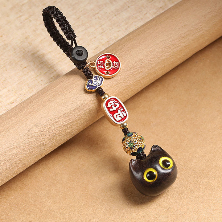 Buddha Stones Ebony Wood Lucky Cat Auspicious Cloud Peace Key Chain Phone Hanging Decoration - Yellow Eyes Cat - Key Chain - image 4