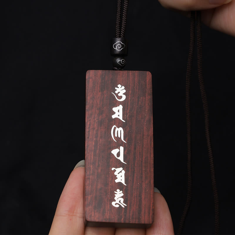 Buddha Stones 999 Sterling Silver Small Leaf Red Sandalwood Ebony Wood Om Mani Padme Hum Inlaid Protection Necklace Pendant - image 6