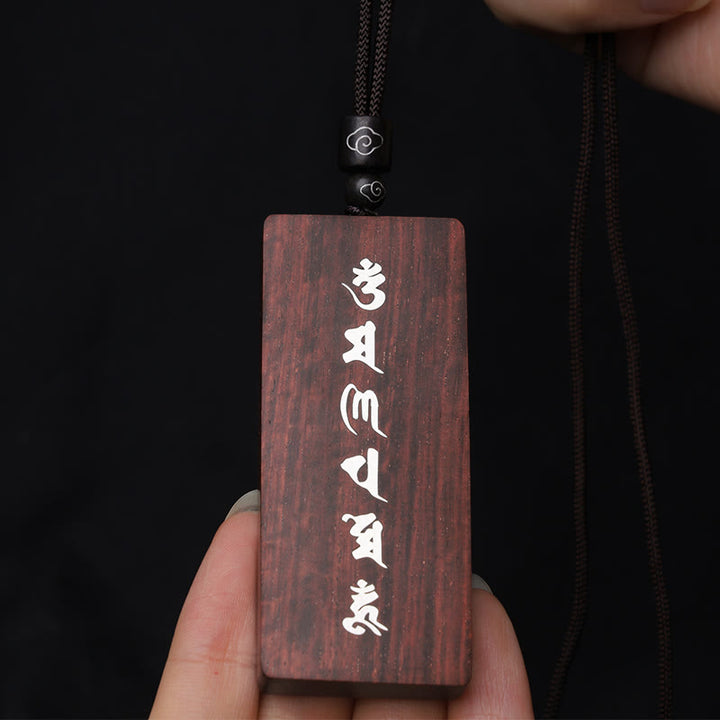 Buddha Stones 999 Sterling Silver Small Leaf Red Sandalwood Ebony Wood Om Mani Padme Hum Inlaid Protection Necklace Pendant - image 6