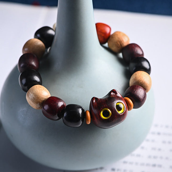 Buddha Stones Small Leaf Red Sandalwood Ebony Wood Cute Cat Engraved Protection Bracelet - image 13
