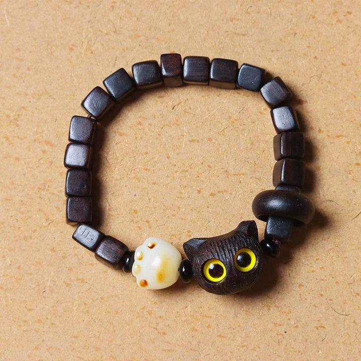 Buddha Stones Ebony Wood Cute Cat Bodhi Seed Paw Claw Square Beads Calm Bracelet - image 2