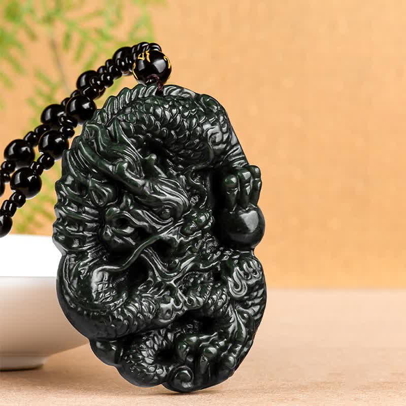 Buddha Stones Hetian Cyan Jade Dragon Success Harmony Necklace Beaded String Pendant - image 6