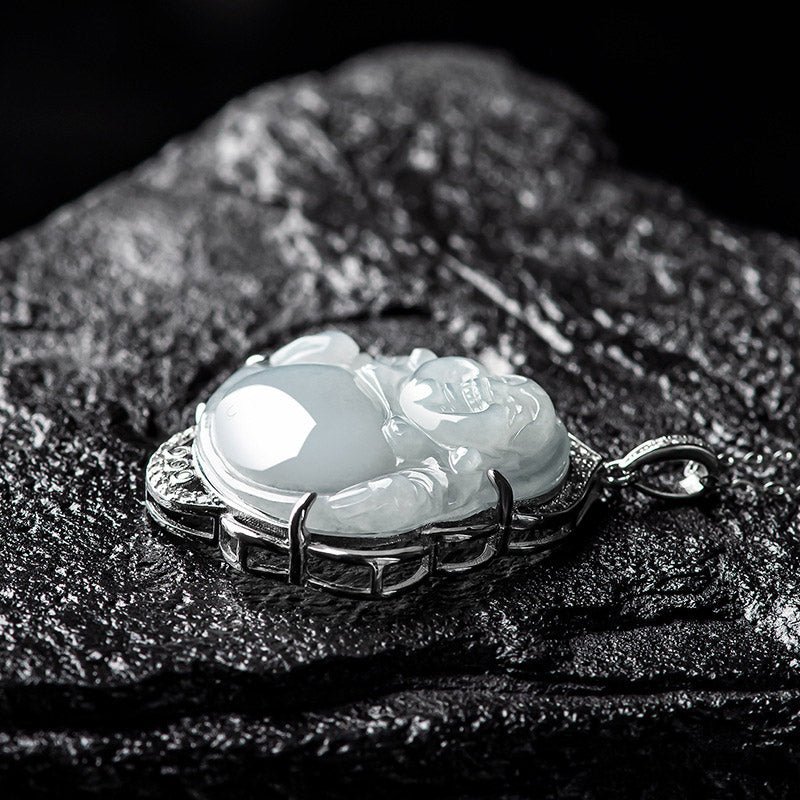 Buddha Stones 925 Sterling Silver Laughing Buddha Natural Jade Abundance Necklace Pendant - image 6
