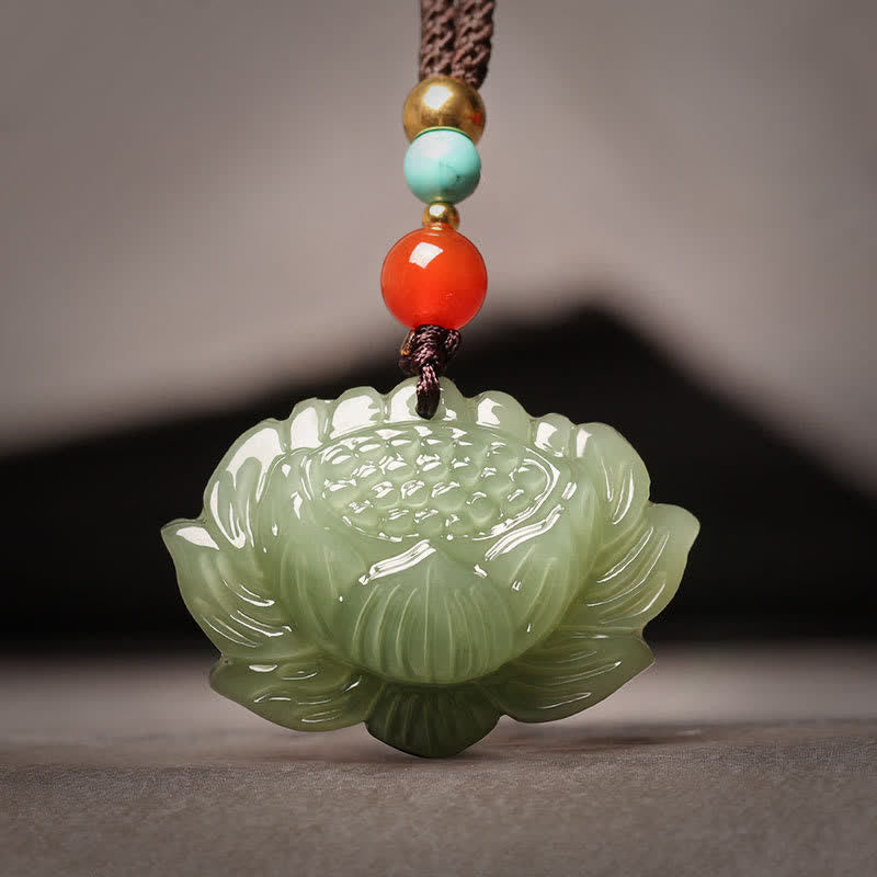 Buddha Stones Hetian Cyan Jade Lotus Flower Success Necklace Pendant - Hetian Cyan Jade(Success ♥ Healing) - image 1