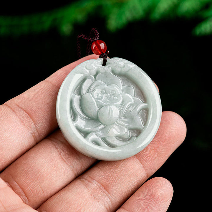 Buddha Stones Natural Jade Lotus Flower Carved Prosperity Necklace Pendant - image 7