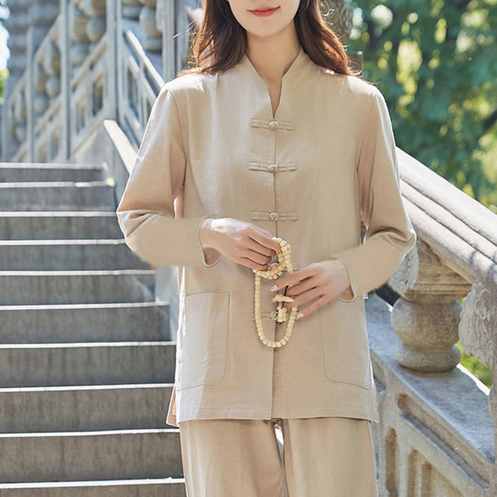 Spiritual Zen Practice Yoga Meditation Prayer Uniform Cotton Linen Clothing Women's Set - Khaki - US18,UK/AU22,EU50 (6XL) - image 12
