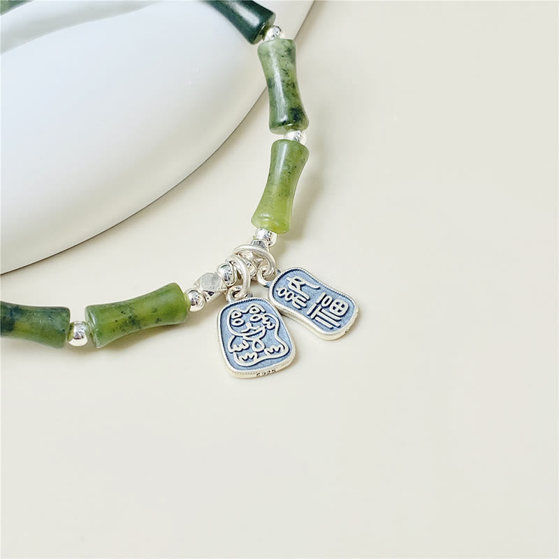 Buddha Stones 925 Sterling Silver Bamboo Jade Lucky Cat Fu Character Luck Abundance Bracelet - image 3
